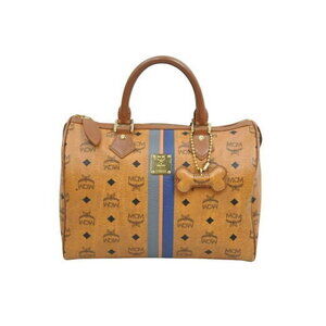 MCM Boston Bag Striped Leather Brown Blue Gray